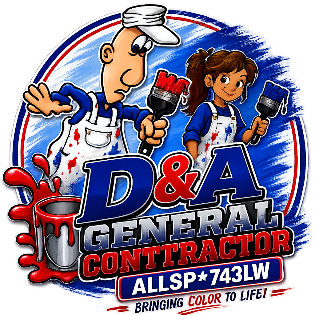D&A General Contractor logo with two cartoon painters holding brushes and paint can, blue and red color scheme